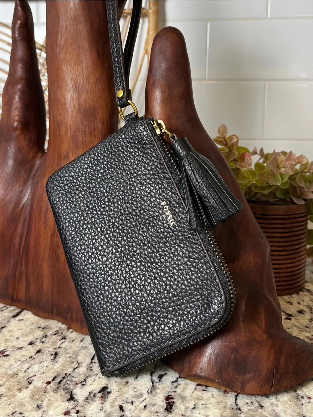 Fossil Black Pebbled Leather Tassel Wristlet